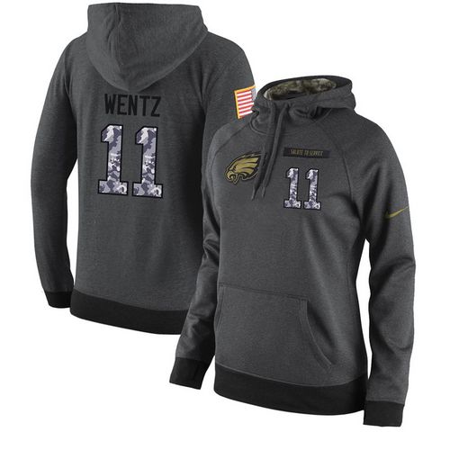 NFL Women's Nike Philadelphia Eagles #11 Carson Wentz Stitched Black Anthracite Salute to Service Player Performance Hoodie - Click Image to Close